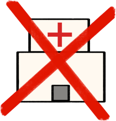 a simple drawing of a hospital, shown as a white building with a red cross on it. There is a big red 'X' drawn on top of the image.